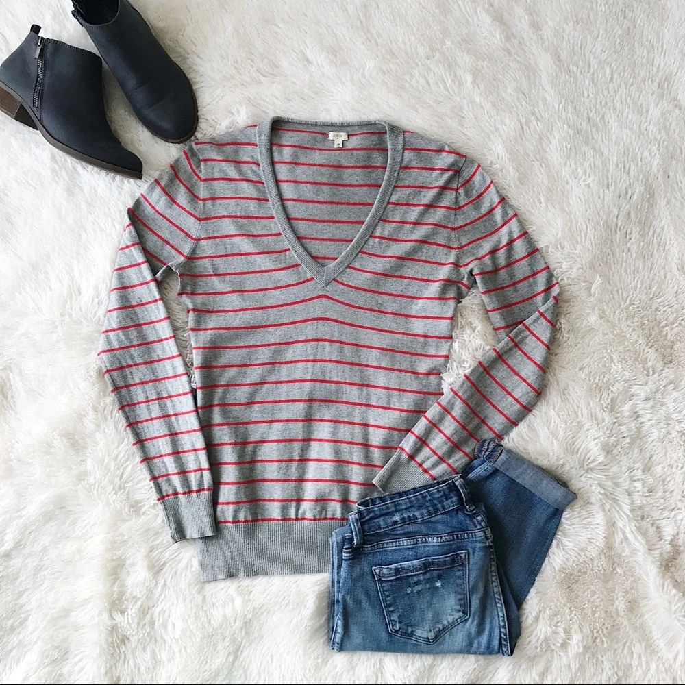 J. Crew Factory grey and orange striped vneck sweater Sz M_8